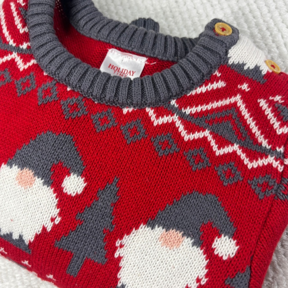 Holiday Time Kids Red Gnome Fair Isle Knit Sweater Button Shoulder Gray Trim 5T